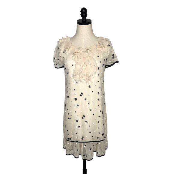 Anthropologie 4 Embroidered 100% Silk Sheath Dress 1940s Vintage Style Cream - Picture 2 of 8